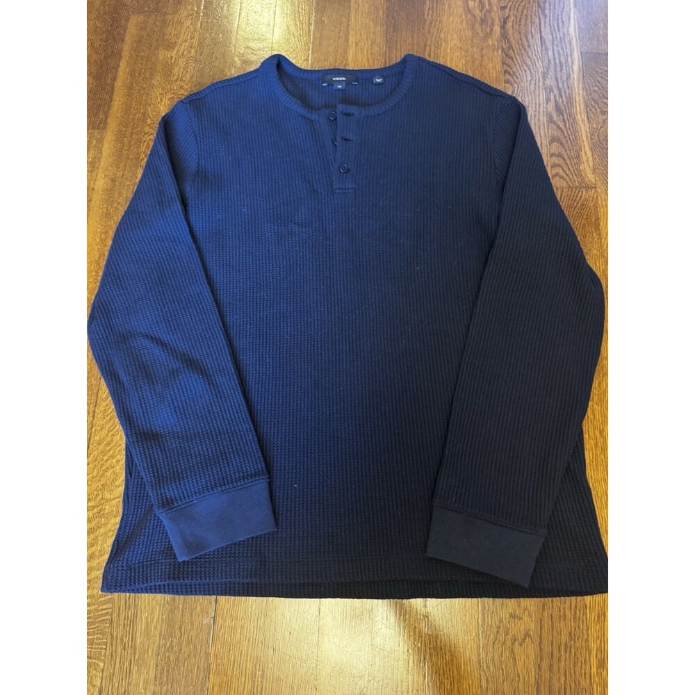 Vince Navy Blue Waffle Knit Thermal Henley Sweater Shirt Men's Size L